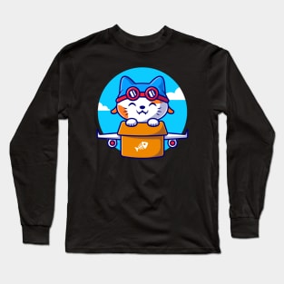 Cute Cat Flight With Cardboard Plane Cartoon Long Sleeve T-Shirt